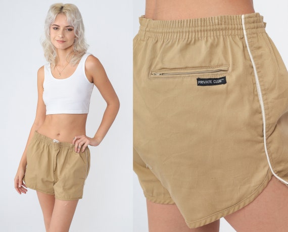 80s Ringer Shorts Tan Jogging Shorts Running Mid Rise Retro Dolphin Shorts Gym Shorts Sporty Summer Drawstring Waist Vintage 1980s Medium