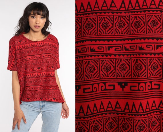 Geometric Tshirt 90s Grunge T Shirt Red Tee Graphic Top Short Sleeve T Shirt Diamond Print 80s Vintage Large xl