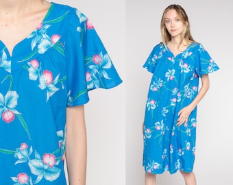 80s Floral Dress Blue Tropical Flutter Sleeve Dress Midi Dress Shift Dress 1980s Short Sleeve Yoke Dress Vintage Shift Casual Summer Large