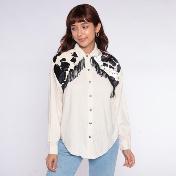 90s Western Fringe Shirt Cow Print Panhandle Slim Long Sleeve Cotton Cream Black Animal Cowboy Top Country Collared Ranch Vintage Large L