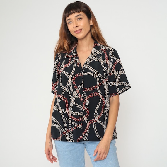 Chain Print Blouse 90s Black White Red Short Sleeve Button Front Collar Vintage Top Abstract Pattern Office Shirt Professional Work Large L