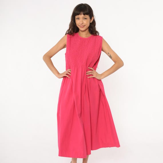 Hot Pink Dress Y2K Fuchsia Magenta Sleeveless Cotton Summer Beach Vacation Fairycore Bright Coral Sundress Vintage Prairie Style Large L
