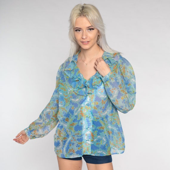 70s Ruffle Blouse Semi-Sheer Paisley Floral Deer … - image 2