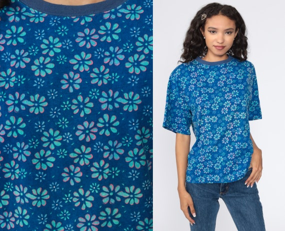 90s Floral Shirt Ringer Tee Blue Flower Shirt Retro TShirt Vintage T Shirt 90s Tee Graphic Print 1990s Medium