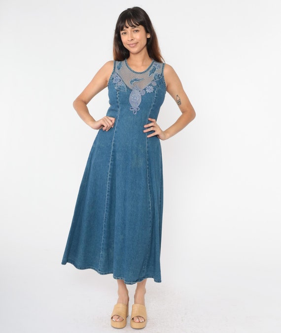 Vintage Floral Denim Dress Mesh Illusion Neckline Dress 90s Ankle Length Maxi Jean Grunge A-Line Dress 1990s Sleeveless Small Medium