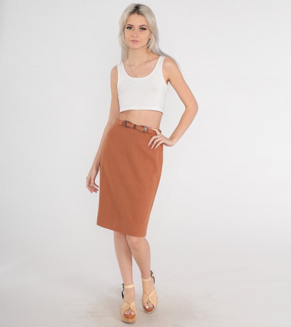 Brown Wool Skirt 70s Mini Pencil Skirt High Waisted Belt Preppy Wiggle Retro Secretary Classic Basic Neutral Rear Slit Vintage 1970s Small 4