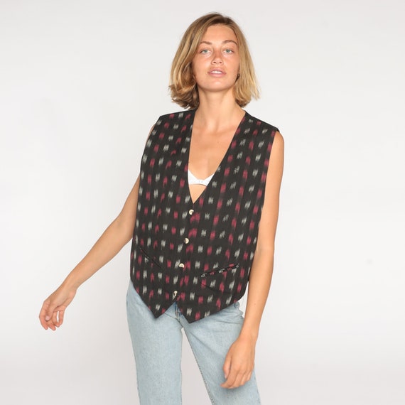 Ikat Vest 90s Black Southwestern Print Button Up Vest Boho Grunge Bohemian Hippie Retro Hipster Festival Sleeveless Top Vintage 1990s Medium