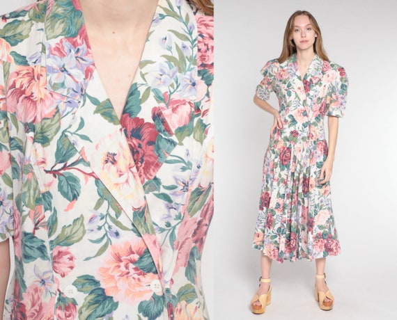 Floral Day Dress 90s Midi Dress Double Breasted Button up Short Puff Sleeve Basque Waist Romantic Hippie Boho Cotton Vintage 1990s Medium M