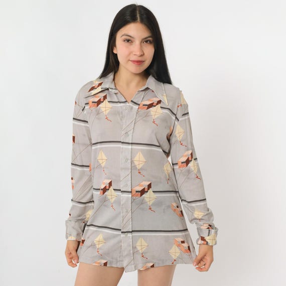 Vintage 70s Huk-A-Poo Shirt Kite Disco Shirt Grey Novelty Print Dagger Collar Button Up Retro Hippie 1970s Long Sleeve Men's 38 Medium