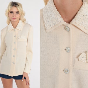 80s St John Jacket Cream Rhinestone Studded Cardigan Sweater Button Up Knit Blazer Jacket Soutache Evening Vintage 1980s Preppy Medium 8
