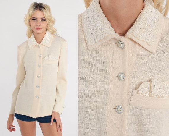 80s St John Jacket Cream Rhinestone Studded Cardigan Sweater Button Up Knit Blazer Jacket Soutache Evening Vintage 1980s Preppy Medium 8