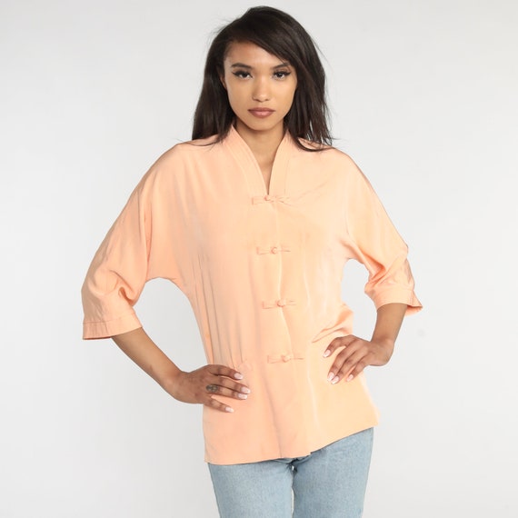70s Peach Blouse Simple Boho Kimono Top Frog Button Up Shirt Short Sleeve Simple Chic Minimalist Seventies Plain Vintage 1970s Medium Large