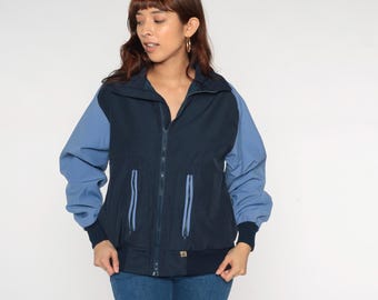 Navy Windbreaker 80s Color Block Light Blue Vintage Zip Front Long Sleeve Gorpcore Athletic Track Jacket Outdoor Casual Unisex Medium M