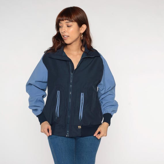 Navy Windbreaker 80s Color Block Light Blue Vintage Zip Front Long Sleeve Gorpcore Athletic Track Jacket Outdoor Casual Unisex Medium M