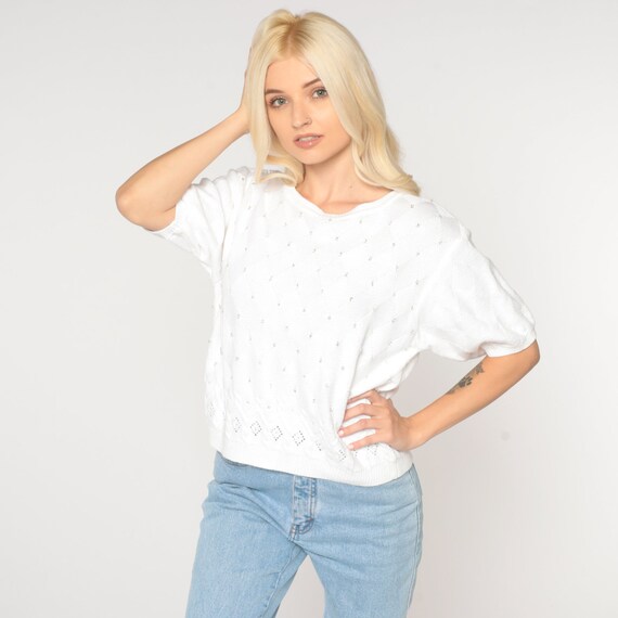 White Knit Blouse 80s Top Beaded Cutout Sweater Shirt Vintage Cut Out Pointelle Shirt Short Sleeve 1980s Vintage Retro Liz Claiborne Large L