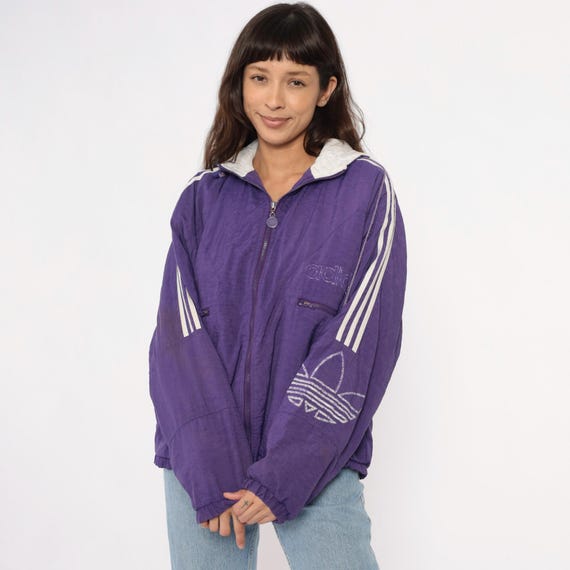 Adidas Purple Hoodie 90s Windbreaker Violet Jacket Full Zip White Stripe Sleeve Athletic Track Gorpcore Vintage Sportswear Workout Medium M