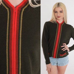 Olive Green Cardigan 80s Wool Knit Zip Up Sweater Top Red Striped Preppy Jumper Earth Tone Fall Neutral Knitwear Cozy Vintage 1980s Small S image 1