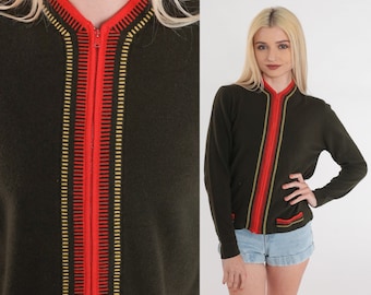 Olive Green Cardigan 80s Wool Knit Zip Up Sweater Top Red Striped Preppy Jumper Earth Tone Fall Neutral Knitwear Cozy Vintage 1980s Small S