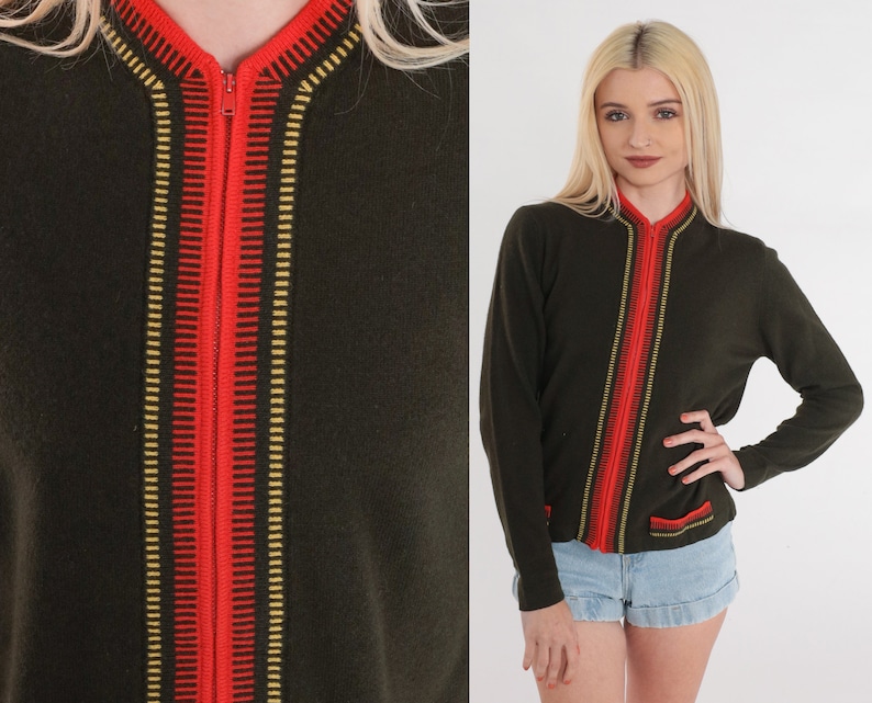 Olive Green Cardigan 80s Wool Knit Zip Up Sweater Top Red Striped Preppy Jumper Earth Tone Fall Neutral Knitwear Cozy Vintage 1980s Small S image 1