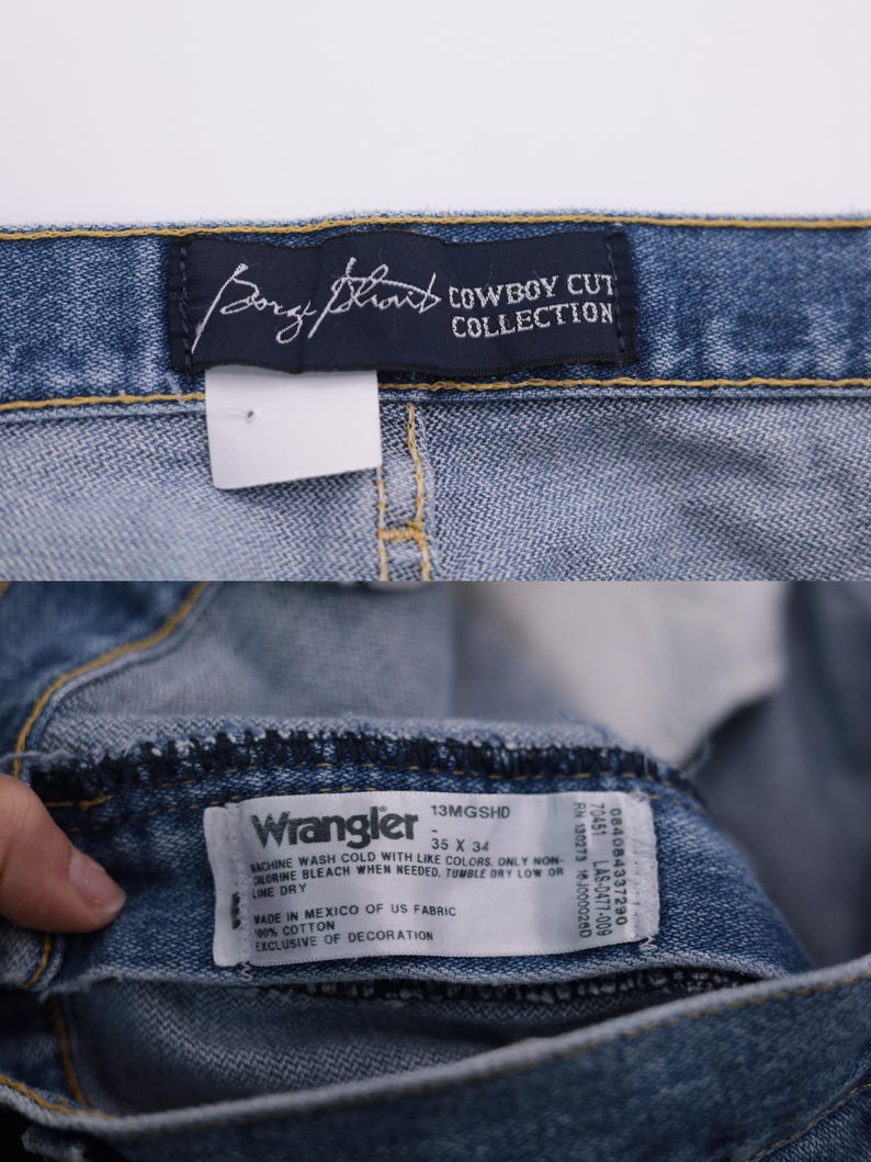 May include: A close-up of a blue denim Wrangler jeans label with the text "Wrangler 13MGSHD 35 X 34" and care instructions. The label also states "Made in Mexico of US Fabric 100% Cotton Exclusive of Decoration."