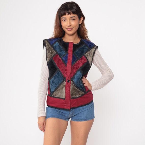 Patchwork Fur Vest 80s Burgundy Blue Geometric Button Up Quilted Plush Textured Colorblock Winter Boho Festival Outerwear Medium M