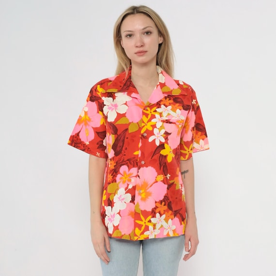 70s Hawaiian Shirt Psychedelic Floral Print Red Pink Yellow White Orange Brown Tropical Aloha Button Front Penneys Hawaii Summer Medium M