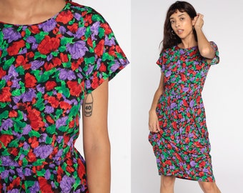 80s Floral Dress Midi Wiggle Dress Boho Short Sleeve Pencil Vintage 1980s High Waisted Bright Button Back Dress Small 4