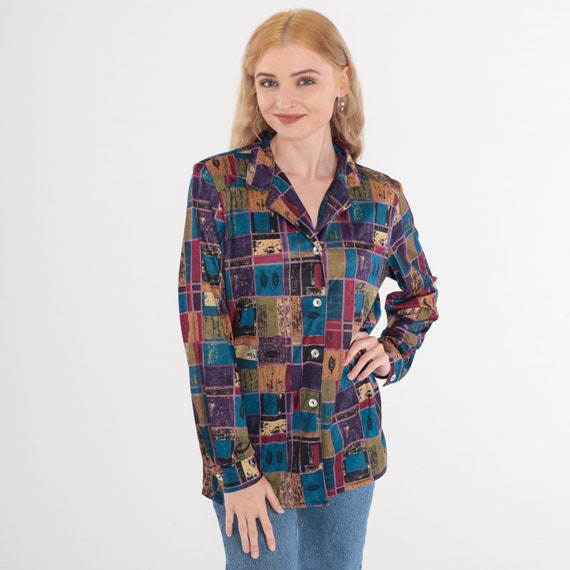 Leaf Print Shirt 80s Checkered Button Up Blouse Square Print Print Long Sleeve Top Purple Green Blue Pink Vintage 1980s Medium Large