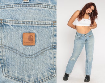 Carhartt Jeans Y2K Knee Rip Jeans Straight Leg Mid Rise Waist Light Wash Denim Pants Workwear Distressed Jeans Vintage 00s Large 33 x 30