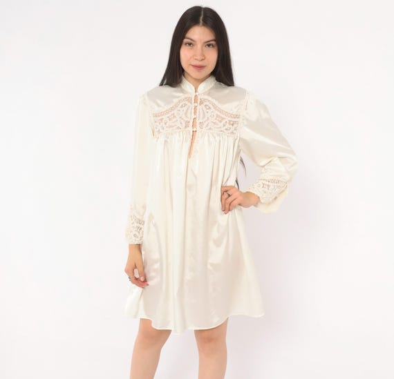 80s Lace Cutwork Robe Satin Babydoll Nightgown Mandarin Collar Button Front Puff Sleeve Cream Coquette Lingerie Dress Romantic White Large L