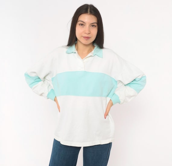 90s Rugby Shirt White Mint Stripe Color Block Polo Cotton Long Sleeve Collared Pullover Preppy Collegiate Ivory Aqua Vintage Blouse Medium M
