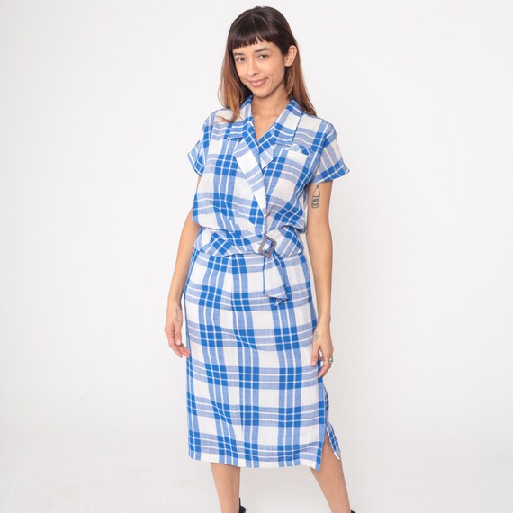 80s Blue Plaid Two Piece Set Wrap Top Matching Skirt Checkered Gingham Pattern White Light Blue Belted Vintage Summer Outfit Medium M