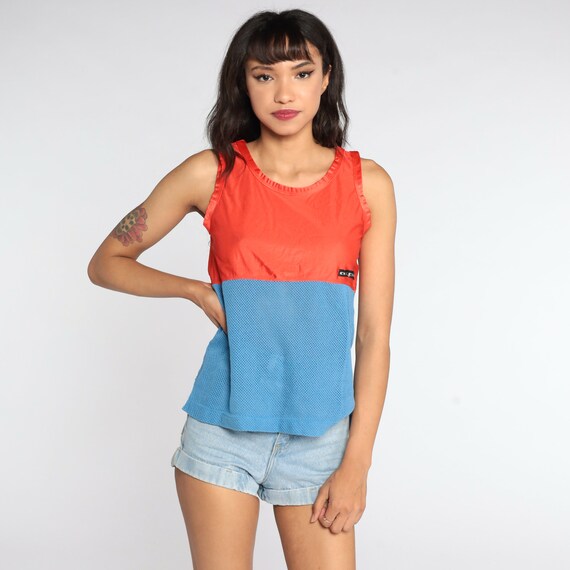 Mesh Tank Top Aspen SHEER Shirt 80s Sports Orange Blue Sleeveless Top 1980s Vintage Color Block Running Tank Racing Track Small S