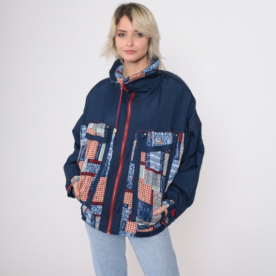 90s Patchwork Windbreaker Blue Zip Up Jacket Geom… - image 4
