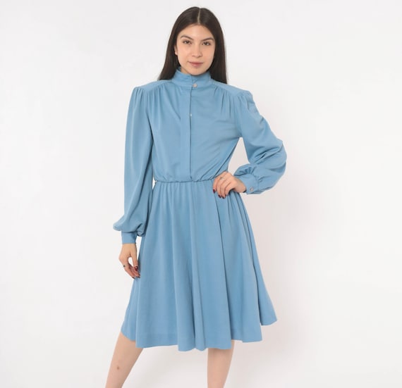 70s Sky Blue Dress Bishop Sleeve Button Front Stand Collar Gathered Shoulder Quilted Yoke Knee Length Flared Skirt Vintage Medium M