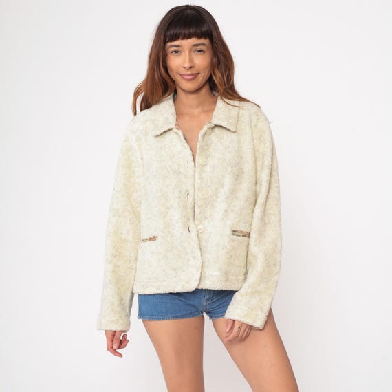Ivory Fleece Coat Vintage 90s Cream Sherpa Jacket Button Front Cambridge Classics Plush Fabric Collared Cropped Tapestry Trim Fuzzy Large L