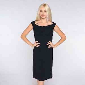 Black Mini Dress 60s Shift Dress Plain Little Black Dress Sleeveless Cowl Neck Formal Party Cocktail LBD Simple Basic Vintage 1960s Small S