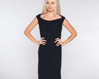 May include: A black sleeveless dress with a cowl neck and a fitted silhouette.