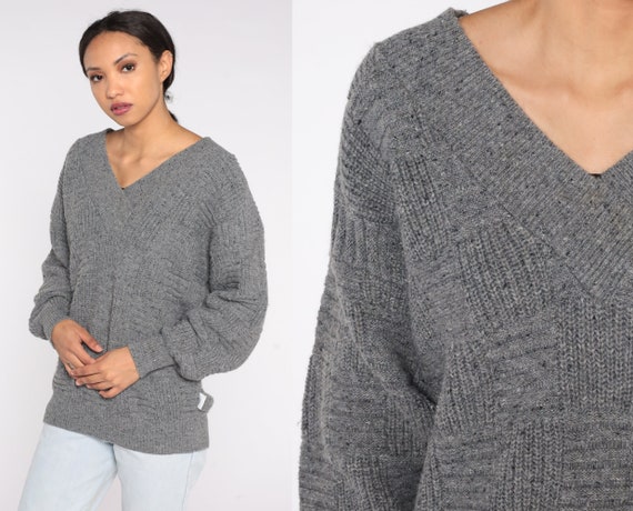 Pierre Cardin Sweater 90s Grey Textured Knit Sweater Grunge Slouchy Pullover Jumper V Neck Plain Basic Boho Retro Vintage 1990s Mens Small S