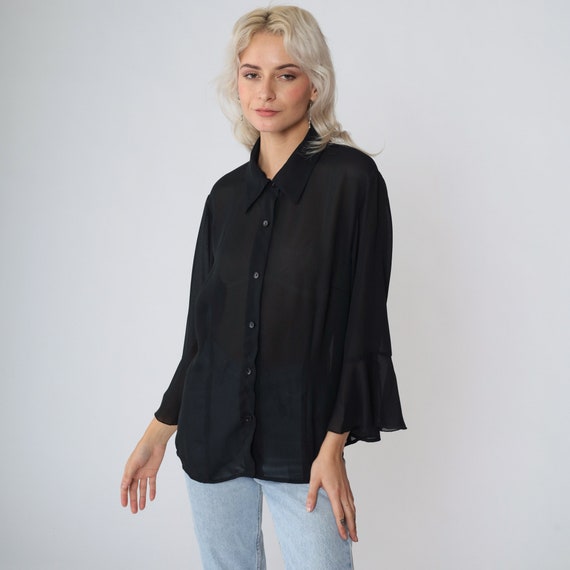 Sheer Black Blouse 90s Button up Top Long Flounce Angel Bell Sleeve Shirt Boho Hippie Gothic Party Witchy Plain Vintage 1990s Large 12