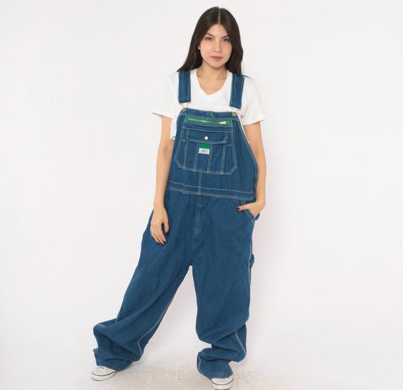 Y2K Liberty Overalls Denim Bib Blue Cotton Dungarees Baggy Wide Leg Carpenter Jean Pant Green Workwear Utility Vintage Unisex Extra Large XL