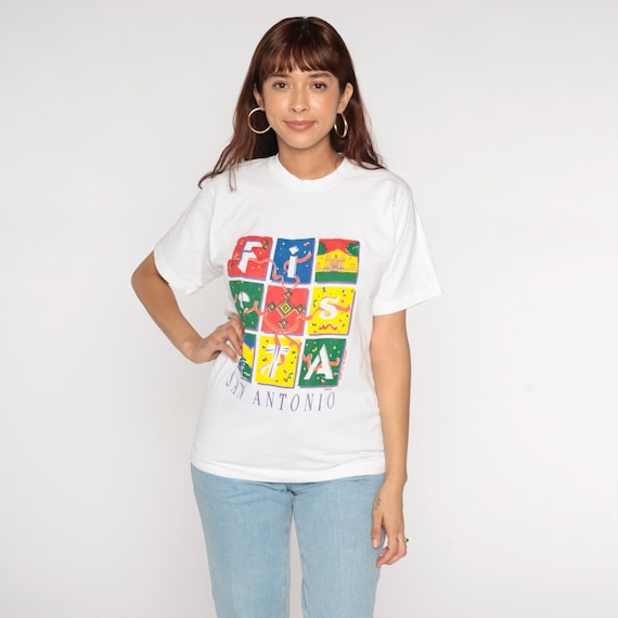 Fiesta San Antonio T Shirt 90s Texas Tshirt Battle of the Alamo Festival Vintage 1990s Graphic White Confetti Single Stitch Retro Small S