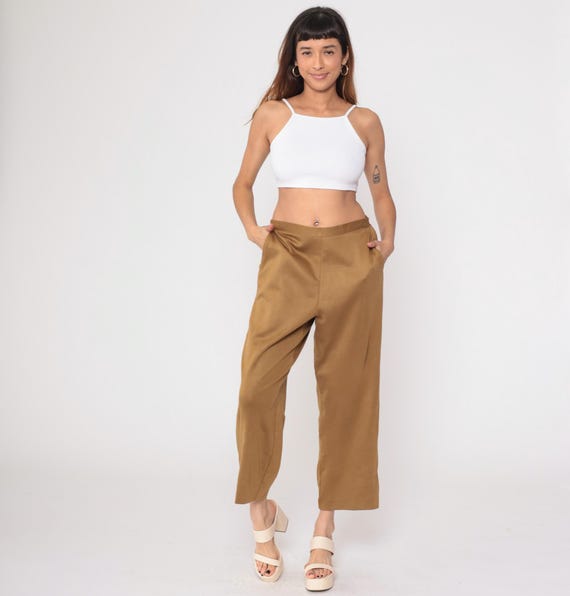 90s Tan Wide Leg Pants Cropped Ankle Length Elastic Waist High Rise Khaki Camel Brown Pull On Casual Vintage Relaxed Fit Trousers Large L