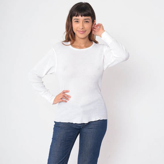 White Thermal Shirt 80s Long Sleeve Waffle Knit Undershirt Basic Plain T-Shirt Underwear Retro Tee Fleeced Acrylic Vintage 1980s Medium M