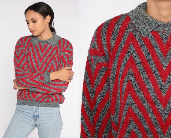 80s Collared Sweater Red Grey Chevron Striped Sweater Retro Knit Pullover Bohemian Preppy Hippie Boho Zig Zag Nerd Vintage 1980s Mens Small