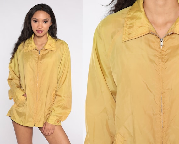 Yellow Jacket 70s Windbreaker Jacket Retro Plain Zip Up Windbreaker Boho Jacket Sports Normcore Bohemian Vintage 1970s Retro Extra Large xl