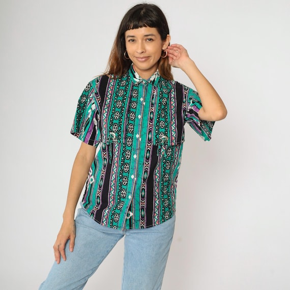 Vintage 90s Western Shirt Green Purple Southwestern Aztec Print Button Up Short Sleeve Concho Trim Rodeo Country 1990s Boho Small Medium