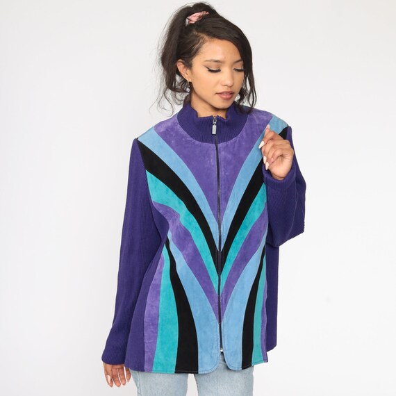 Striped Suede Jacket 90s Purple Leather Sweater Jacket Knit Boho Op Art Psychedelic 1990s Streetwear Vintage Retro Extra Large xl
