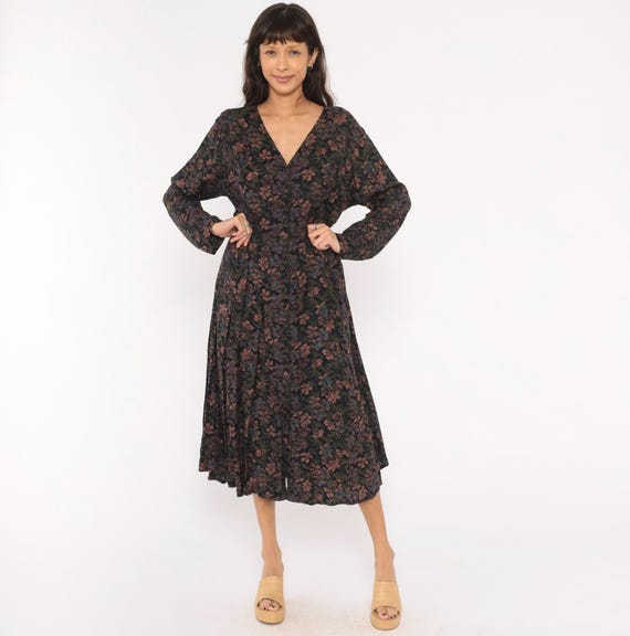 Dark Floral Dress 90s V Neck Long Sleeve Black Plum Tapestry Prairie Cottagecore Flower Pattern Autumn Fall Grunge Vintage Womens Large L