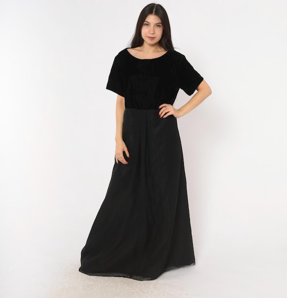 90s Velvet Bodice Gown Black Chiffon Maxi Dress Short Sleeve Formal Evening A Line Empire Waist Vintage Plus Size 20 Extra Extra Large XXL